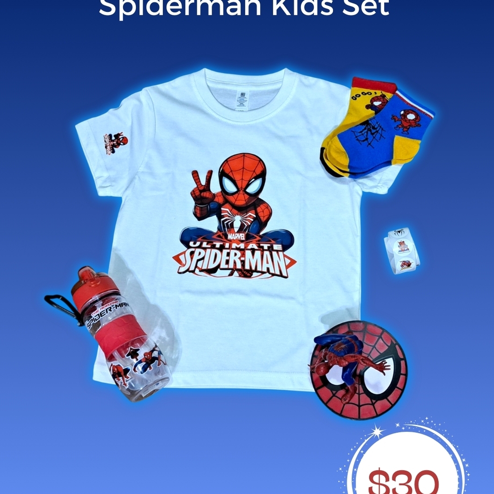 Spider-Man Kids Toy Set - New (T-shirt, Bottle, 2 Socks Pairs, Toy, 15 Sticker)